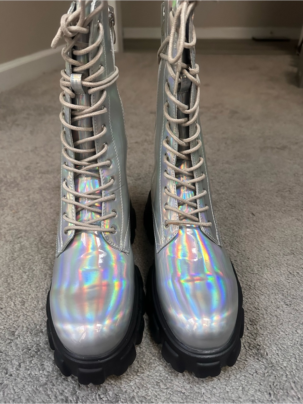 N.Y.L.A. Iridescent Silver Lace-Up Combat Boots